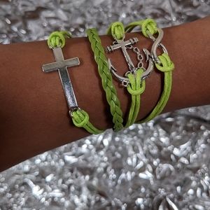 Cross, Anchor, And Infinity Green Bracelet